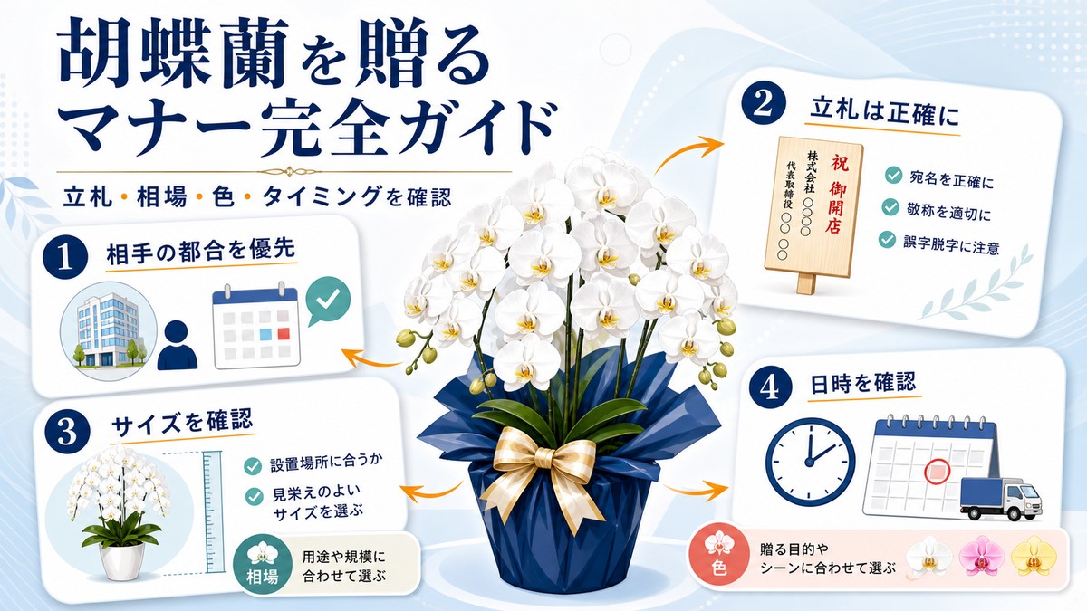 白い大輪胡蝶蘭と立札を配置した上品な贈答イメージ