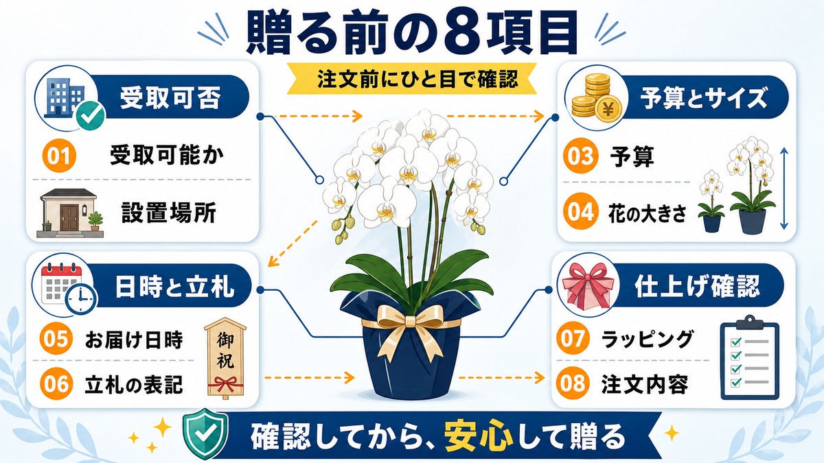 胡蝶蘭を贈る前に確認する項目を一覧化した図解