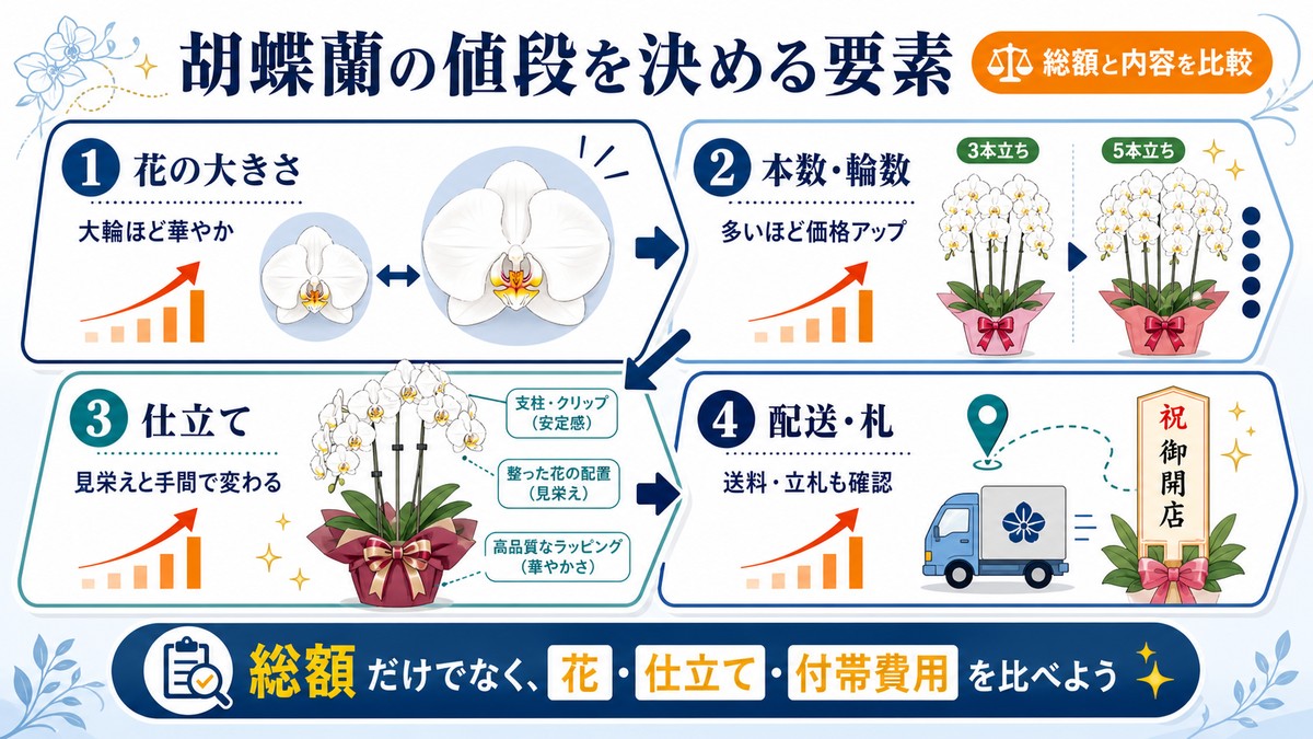 胡蝶蘭の値段を決める本数、輪数、品質、サービスの図解
