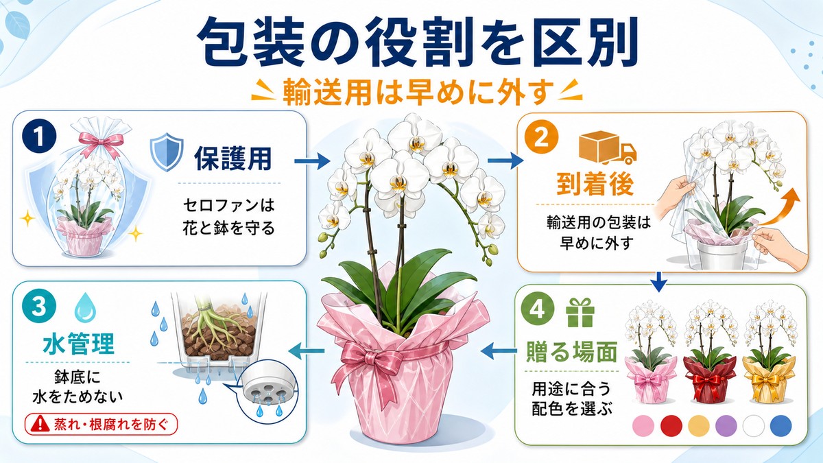 胡蝶蘭の輸送用セロファンと鉢ラッピングの扱いを比較した図