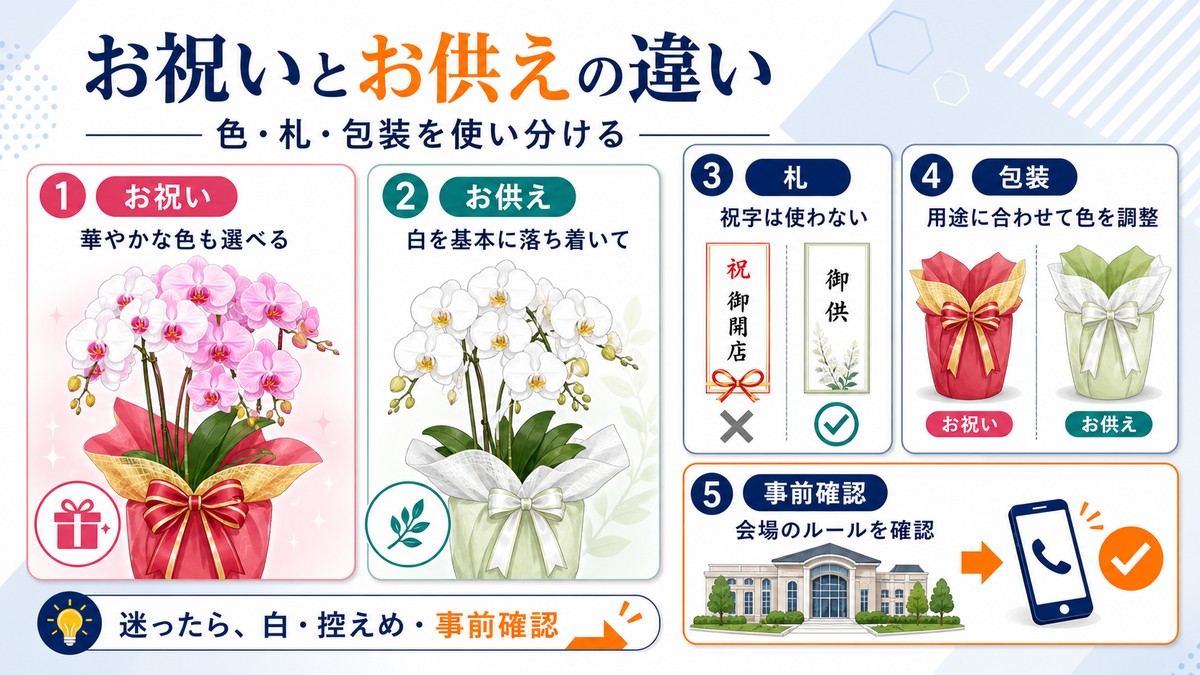 お祝い用とお供え用の胡蝶蘭の色や札を比較する図解