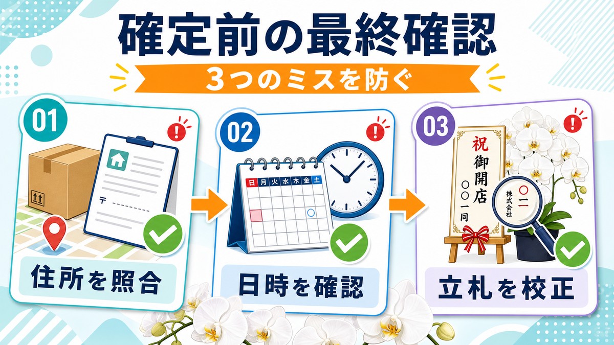胡蝶蘭の注文確定前に住所、日時、立札を確認するチェックリスト