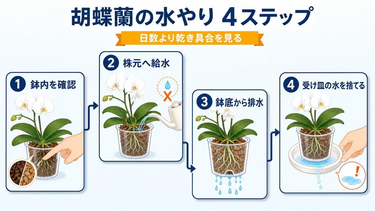 胡蝶蘭へ正しく水やりする手順の図解