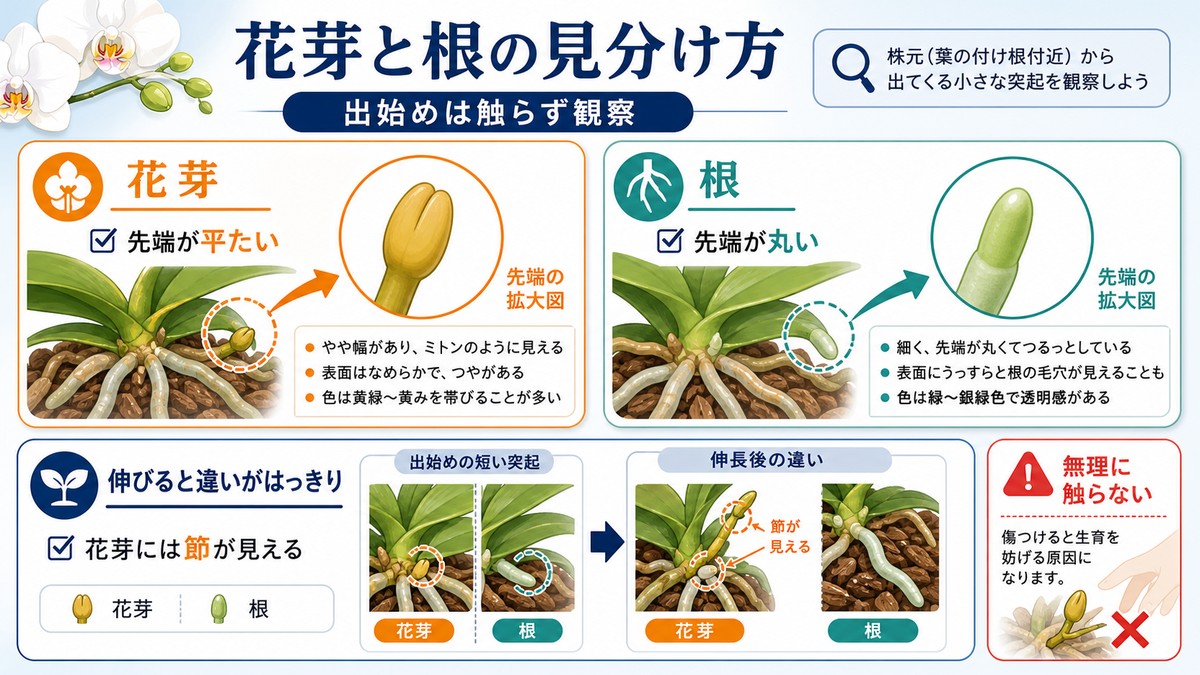 胡蝶蘭の花芽と新しい根の形を比較した図解