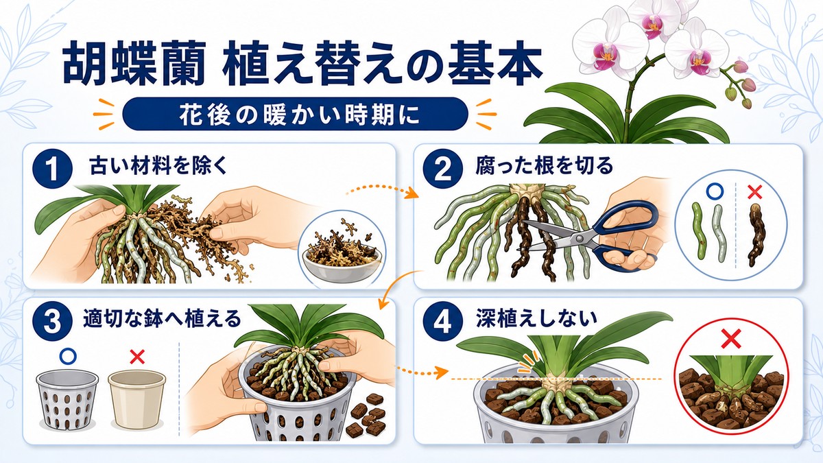 胡蝶蘭を植え替える基本手順の図解