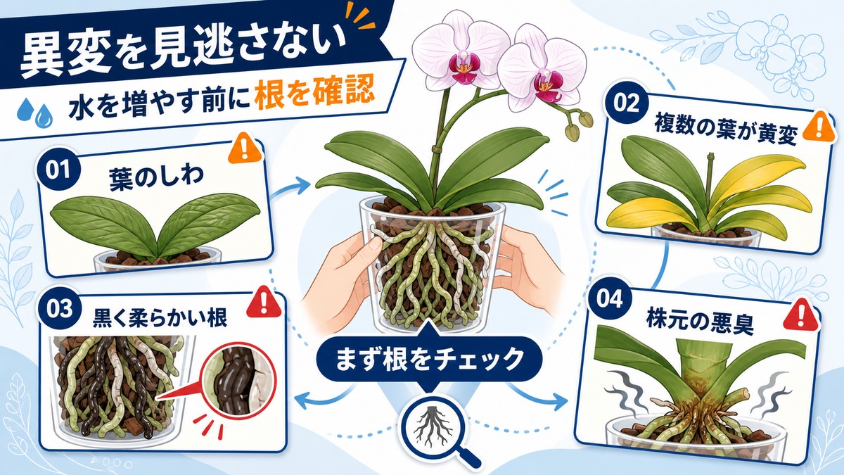胡蝶蘭の葉や根に現れる危険な症状を示す図解