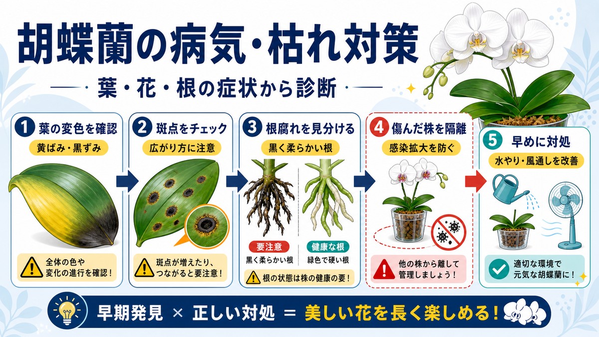 健康な胡蝶蘭と病気の症状が出た葉を比較する診断ガイド