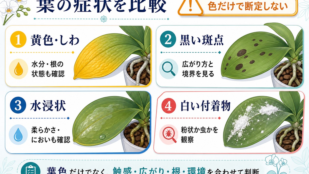胡蝶蘭の黄色い葉や黒い斑点などの症状比較
