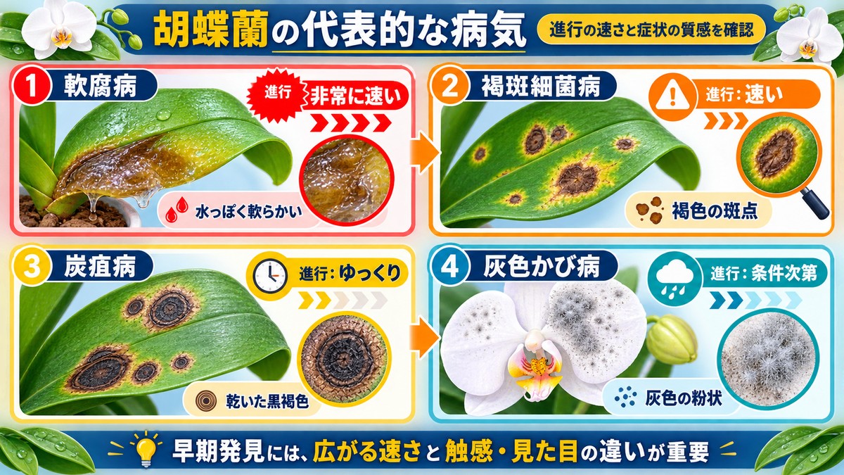 軟腐病や炭疽病など胡蝶蘭の代表的な病気の特徴