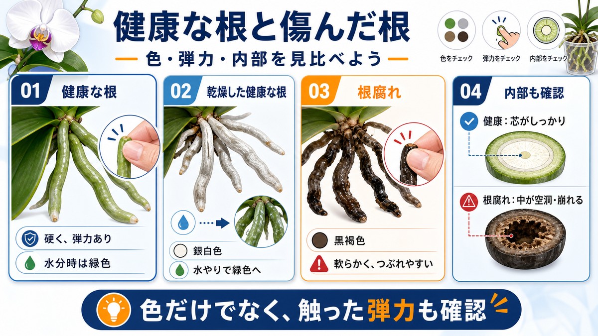 健康な胡蝶蘭の根と根腐れした根の違い