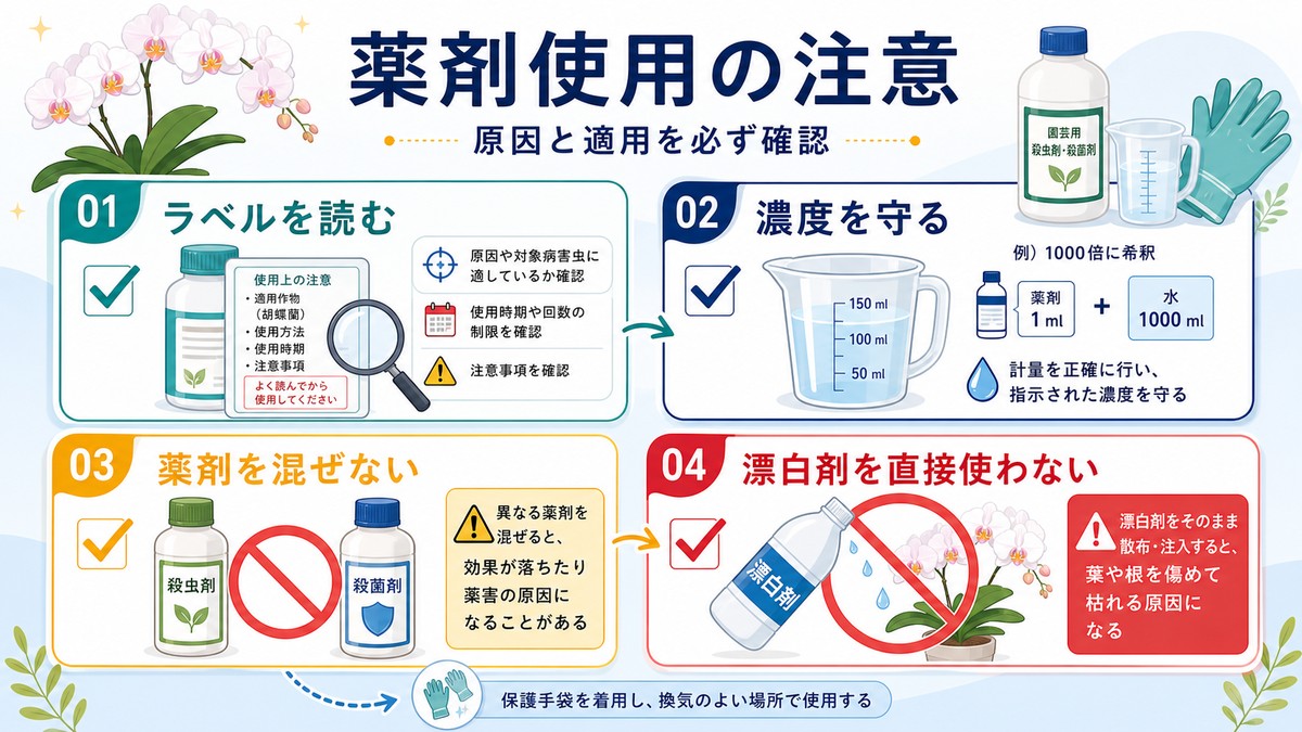 胡蝶蘭へ薬剤を使用するときの安全上の注意