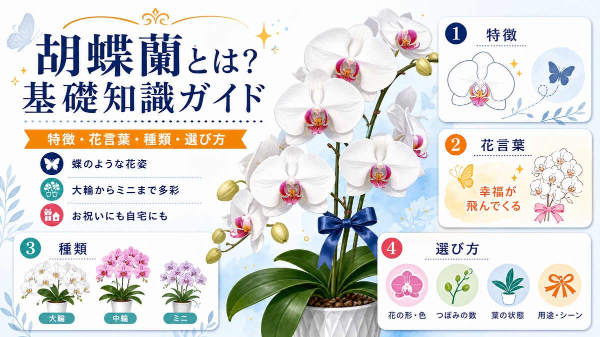 白い大輪胡蝶蘭とピンクのミディ胡蝶蘭を並べた基礎知識ガイドのイメージ