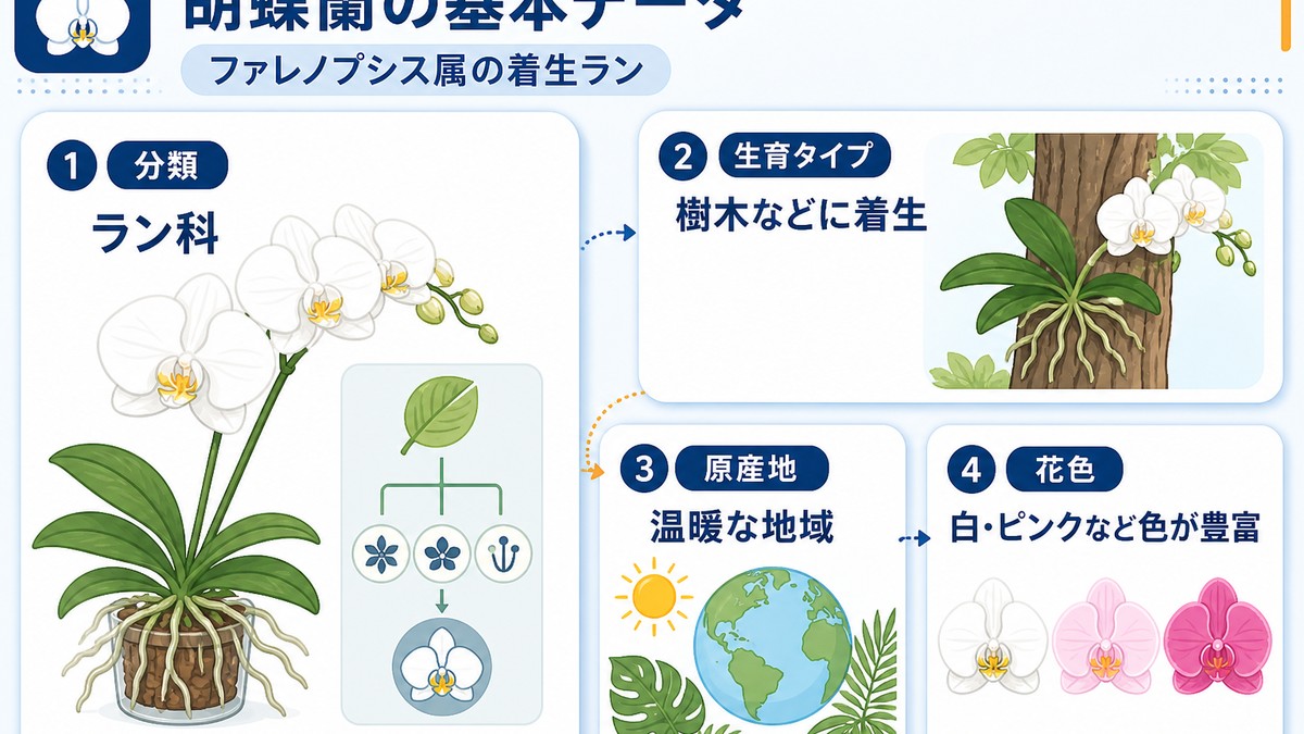 胡蝶蘭の花・葉・根と基本情報を示す図解
