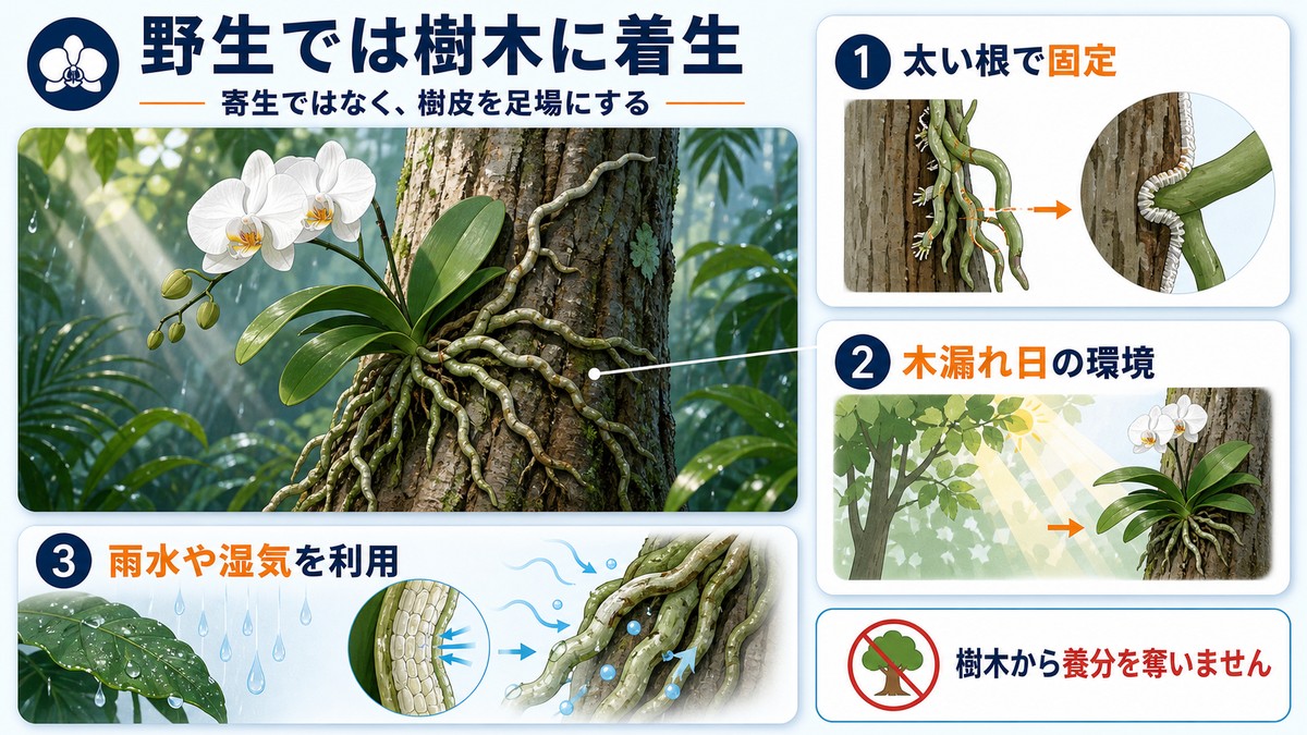 熱帯の樹木に根を付けて育つ野生の胡蝶蘭の生態図