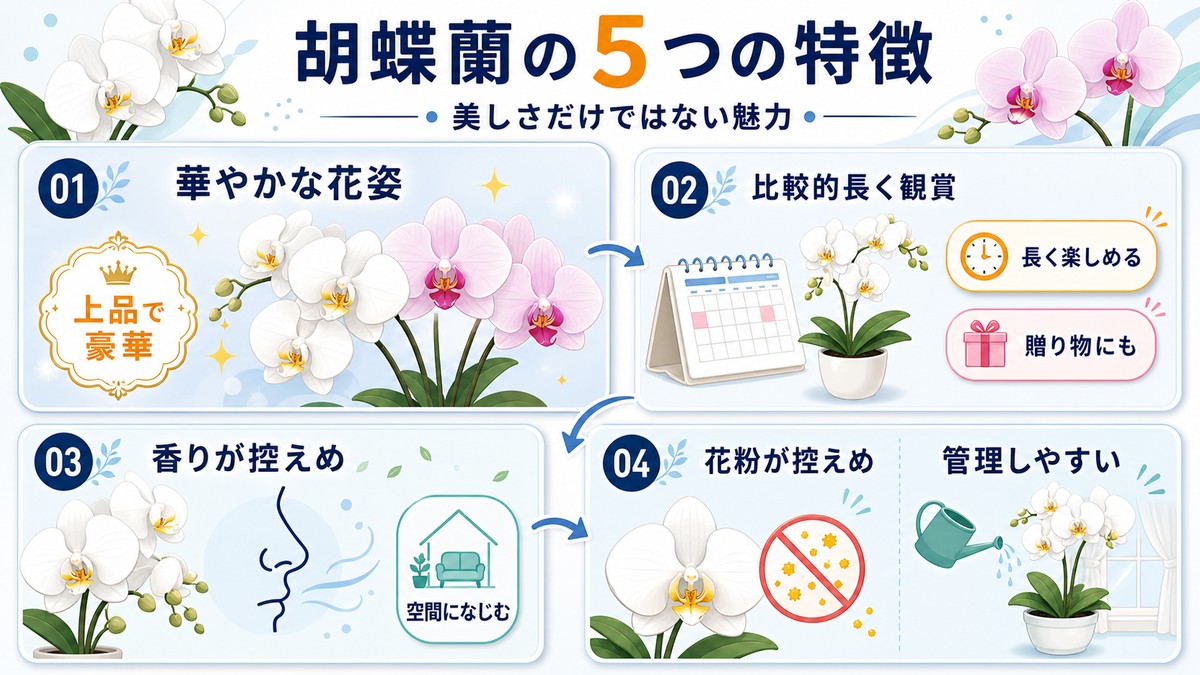 胡蝶蘭の花持ち・香り・花粉・流通の特徴をまとめた図解