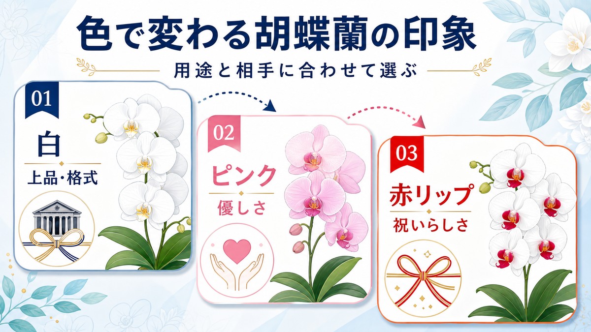 白・ピンク・赤リップ・黄色・紫の胡蝶蘭の印象比較