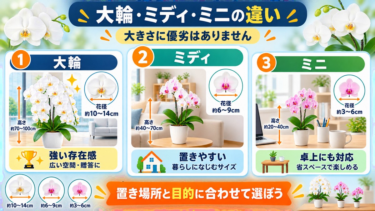 大輪・ミディ・ミニ胡蝶蘭の大きさと用途を比較する図解