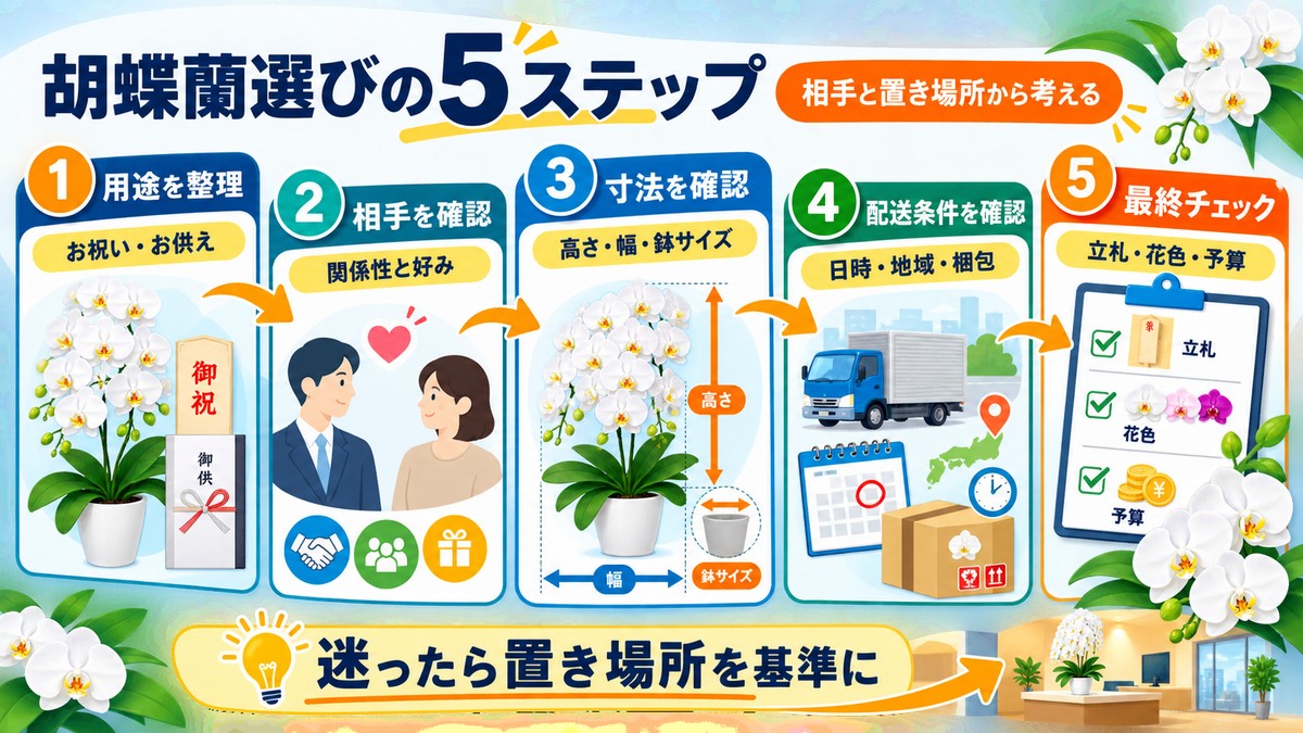 用途・設置場所・色・輪数・配送条件の順に胡蝶蘭を選ぶ図解