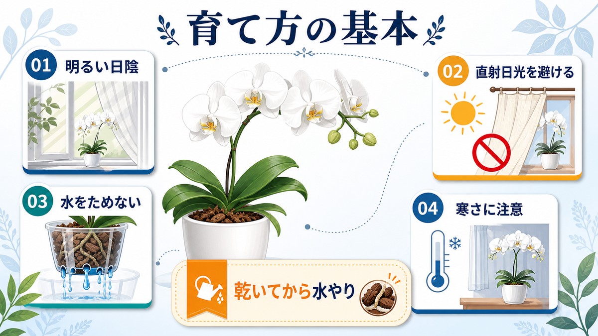胡蝶蘭の置き場所と水やりの基本を示す室内管理図