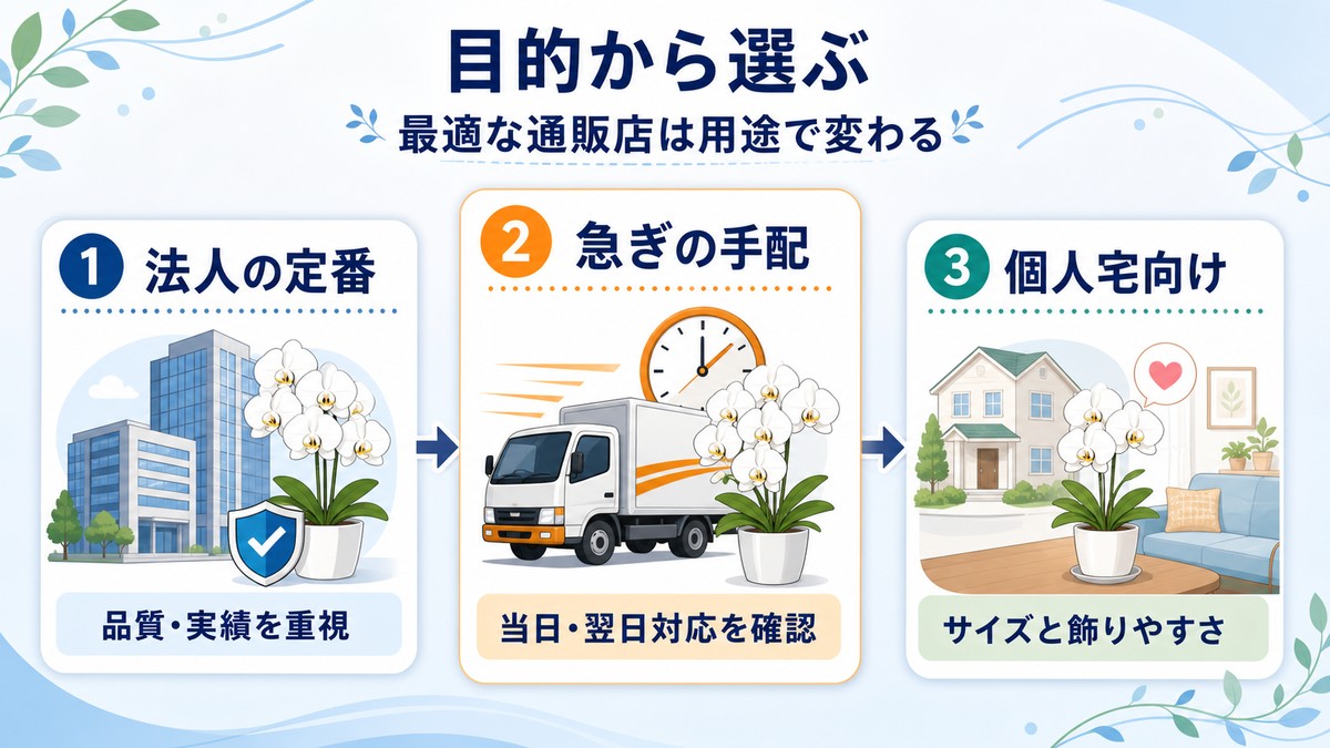 法人向け、急ぎ、個人向けに胡蝶蘭通販を選ぶ図