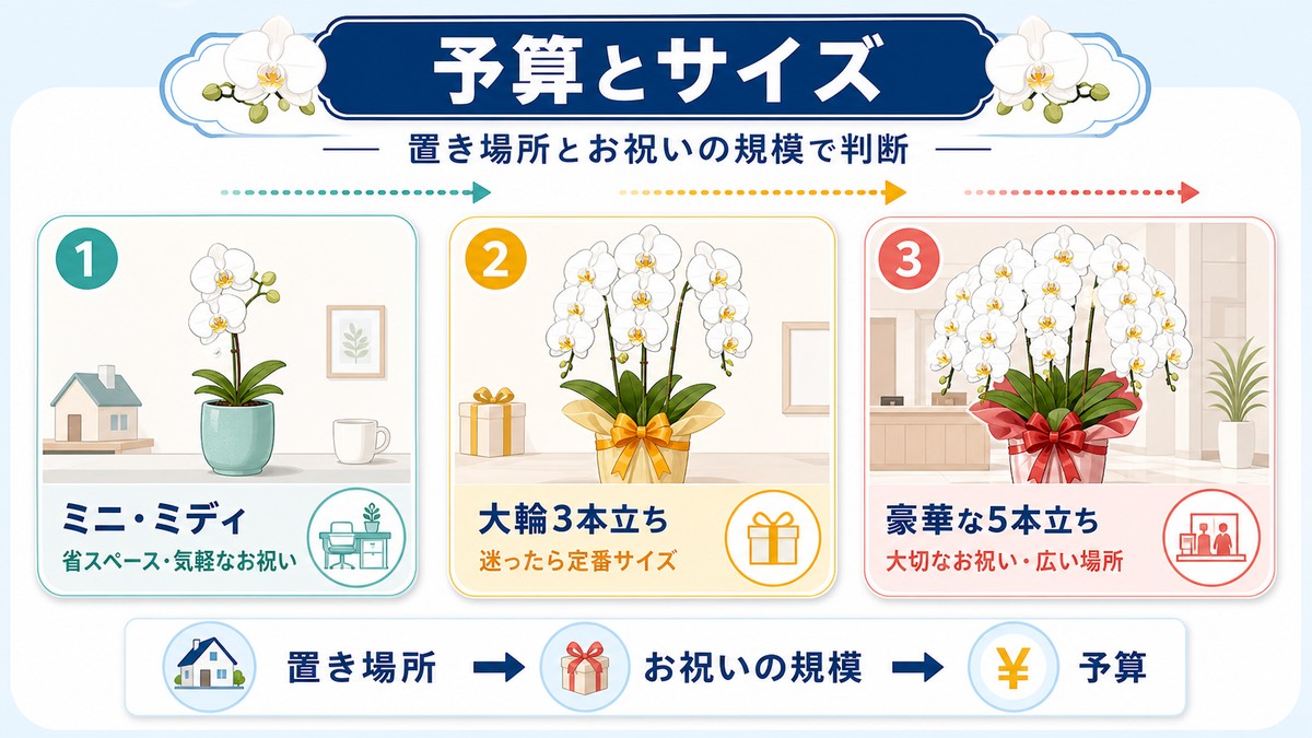 胡蝶蘭の予算とサイズの選び方を示す図