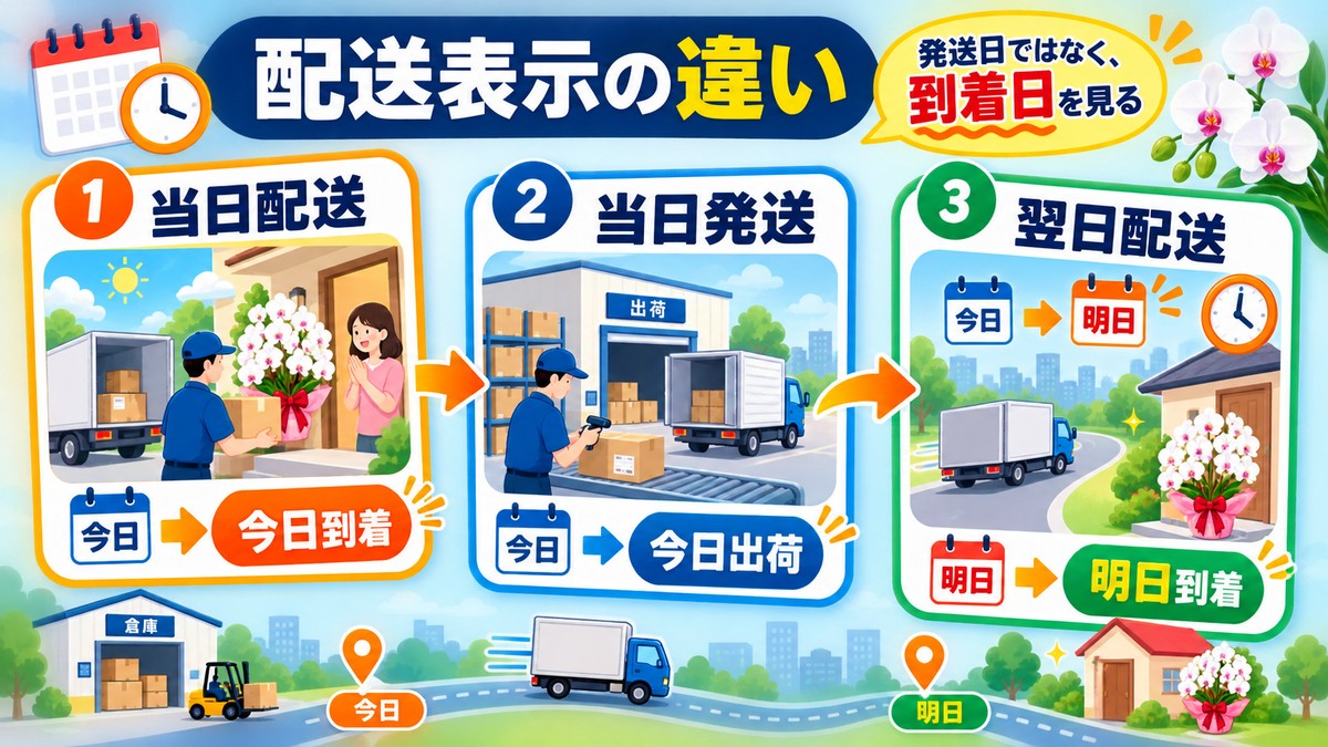 当日配送・当日発送・翌日配送の違いを示す図解