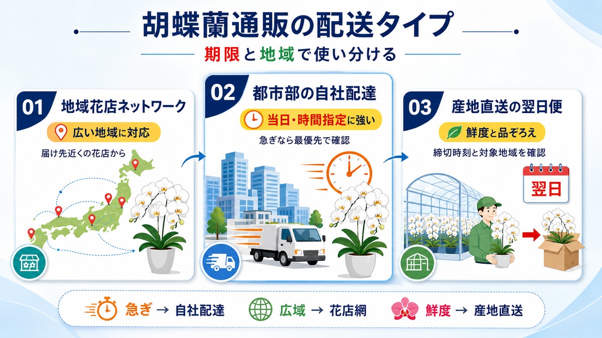 胡蝶蘭通販の地域花店型・自社配達型・産地直送型の比較
