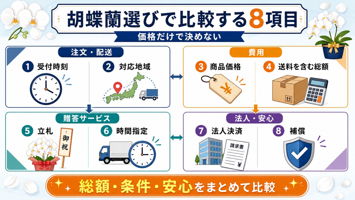 胡蝶蘭の当日配送で比較すべき項目の一覧