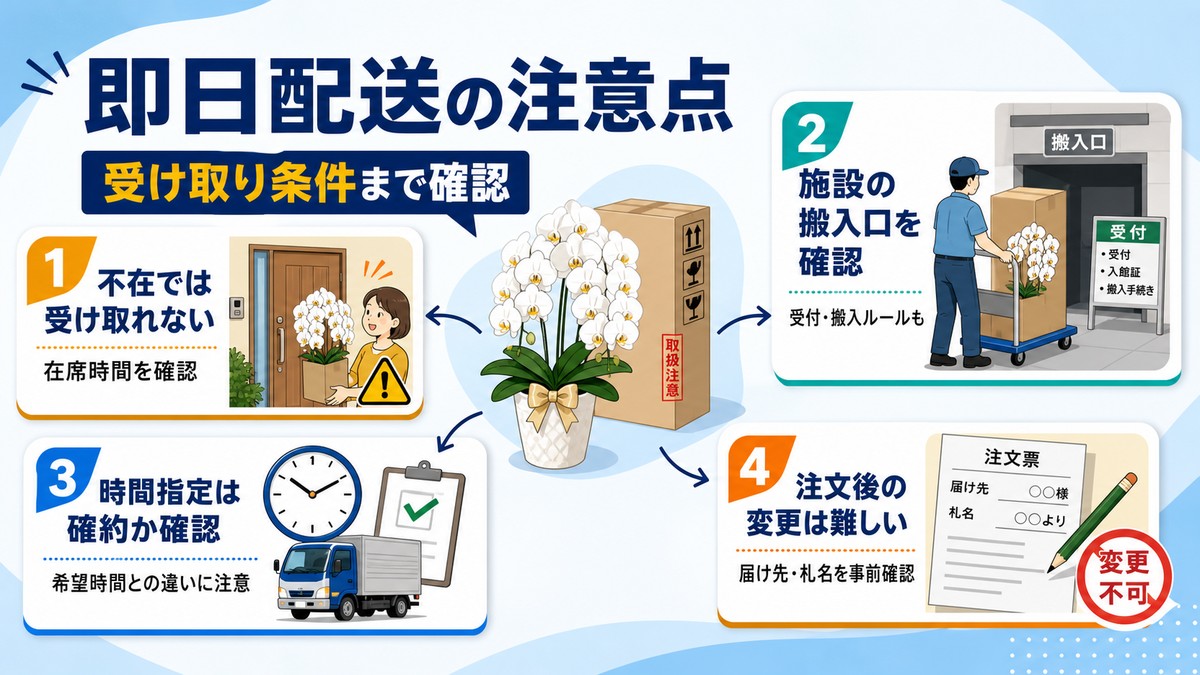 胡蝶蘭の当日配送で起こる不在や搬入不可への注意を示す図解