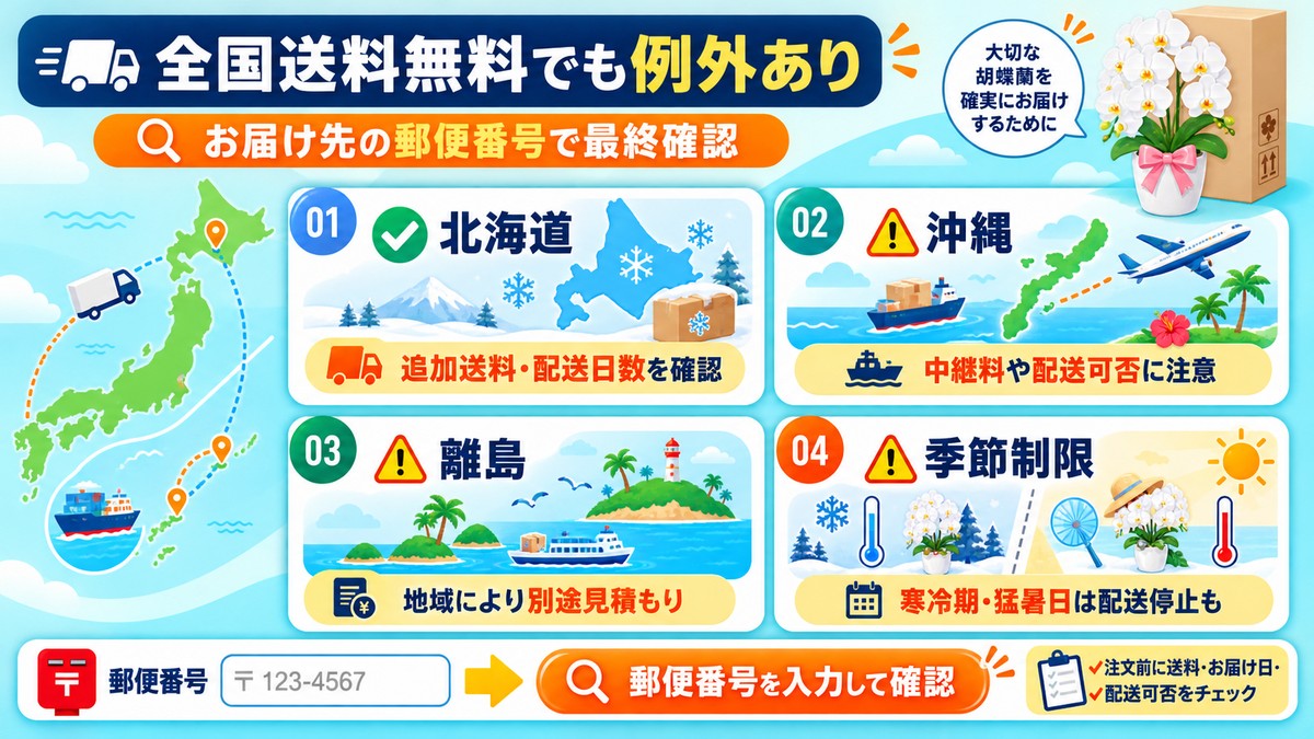 北海道・沖縄・離島における胡蝶蘭の配送条件を示す日本地図