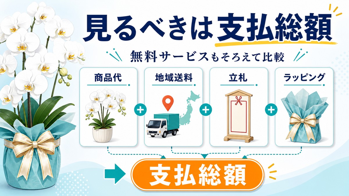 胡蝶蘭の商品代と送料、立札、ラッピングを比較する図