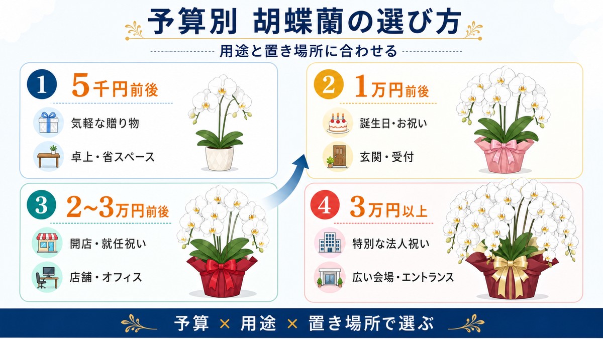 予算別にミニ胡蝶蘭、大輪3本立ち、5本立ちを並べた図