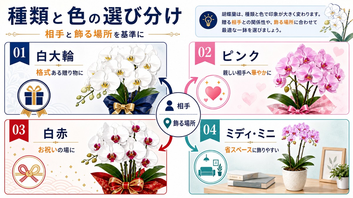 白、ピンク、白赤の胡蝶蘭とミディ胡蝶蘭の用途比較