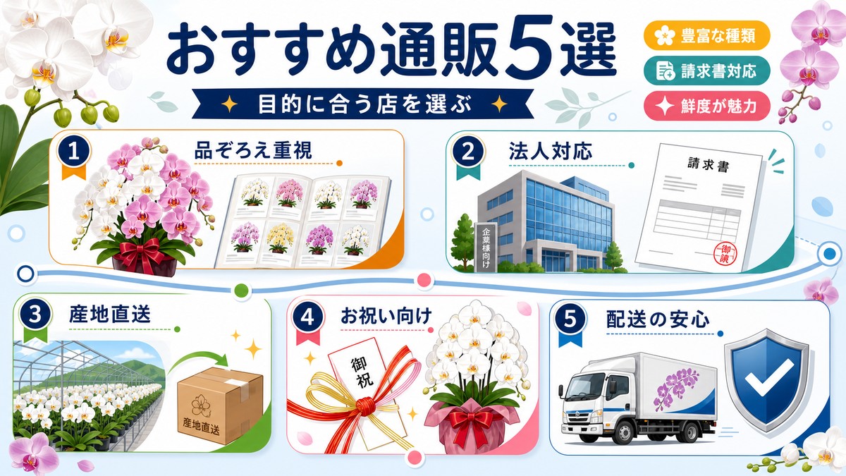 胡蝶蘭通販5店の特徴を比較するランキング図