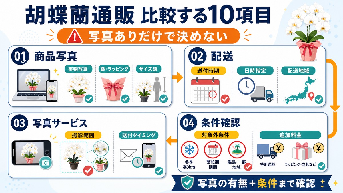 胡蝶蘭通販の写真サービスを比較するチェック項目