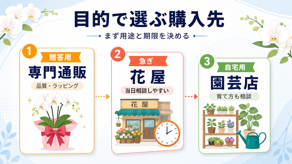 胡蝶蘭の購入目的から適した販売店を選ぶ図解