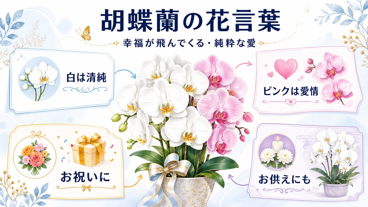 白とピンクの胡蝶蘭と「幸福が飛んでくる」という花言葉を表す上品なビジュアル