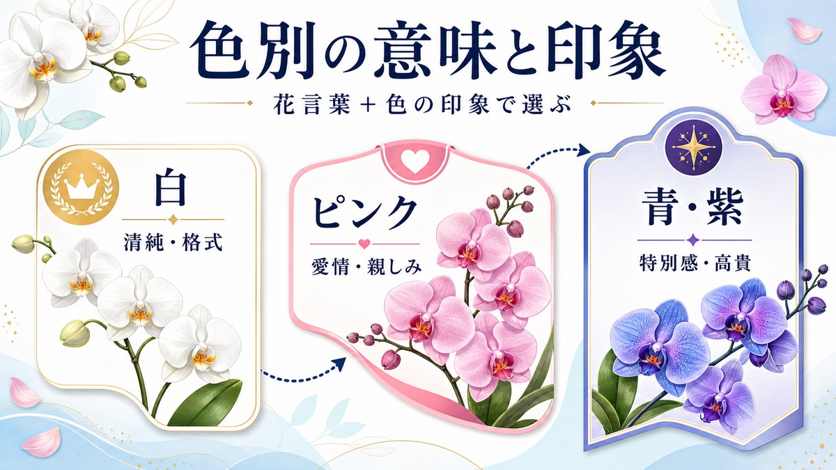 白、ピンク、黄色、青、紫、白赤リップの胡蝶蘭を比較する図解