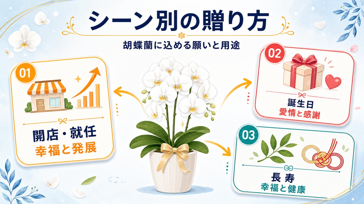 開店、就任、誕生日、長寿祝いに合う胡蝶蘭を整理した図解