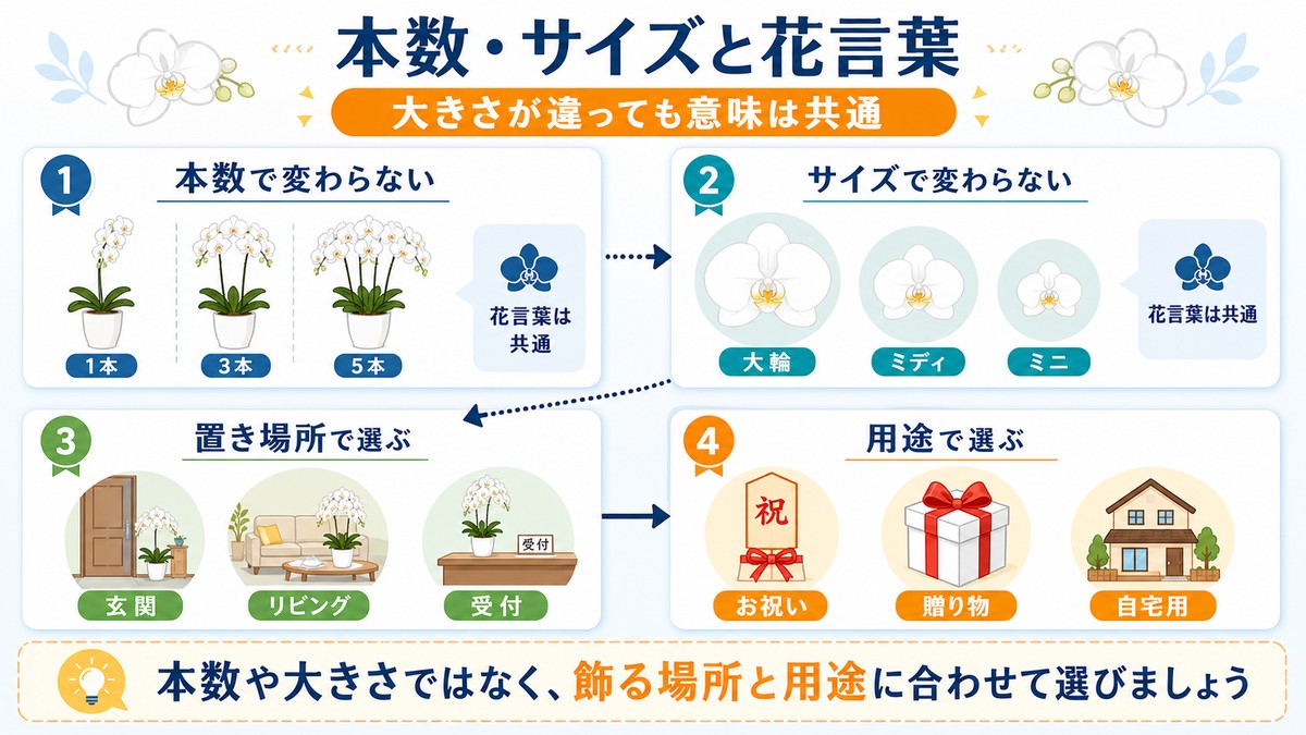 胡蝶蘭の本数やサイズと花言葉の関係を示す比較図
