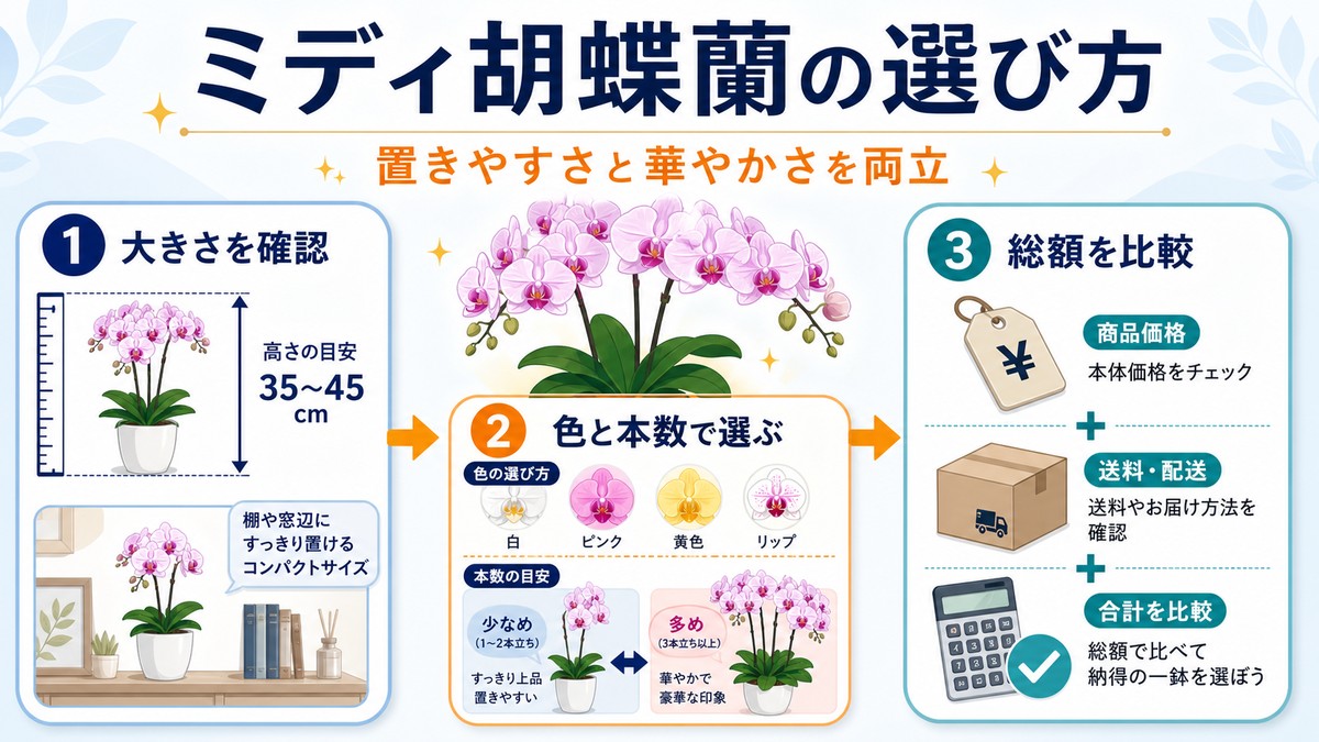 白とピンクのミディ胡蝶蘭が並ぶ明るい室内