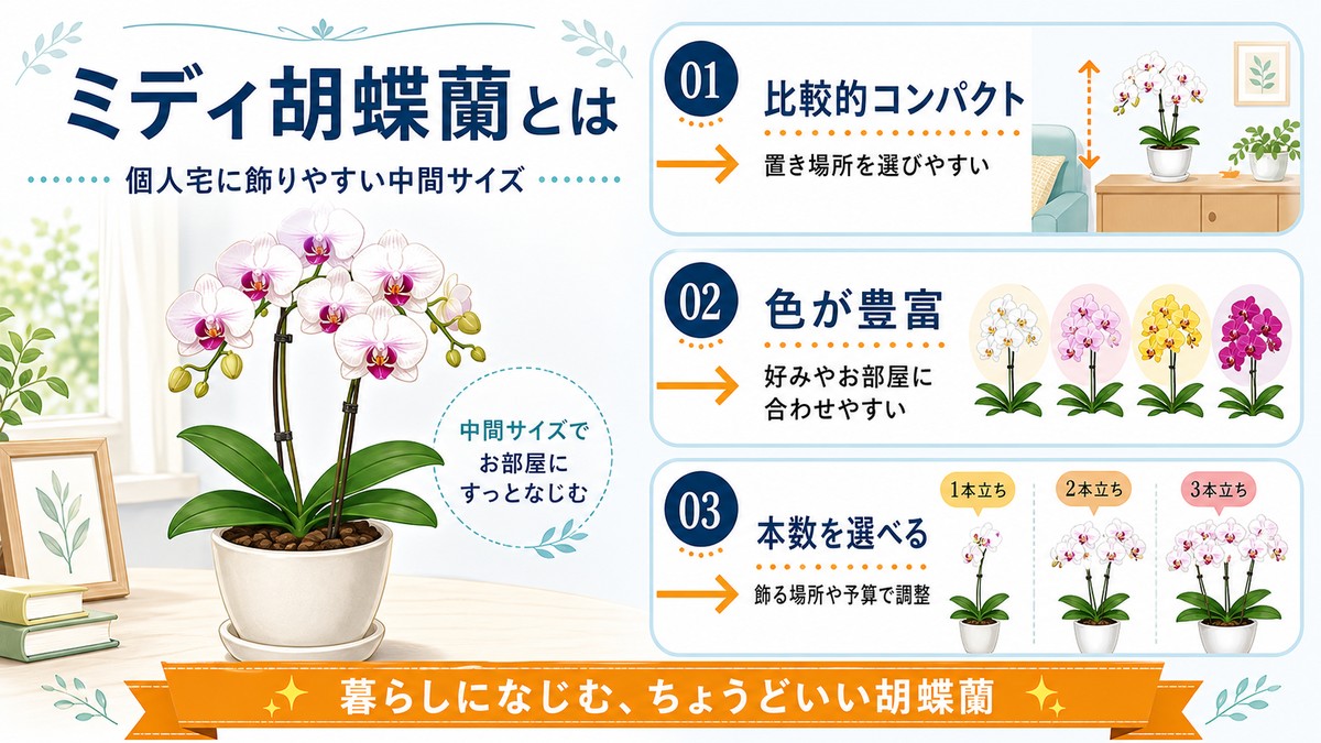ミディ胡蝶蘭の特徴を示す図解