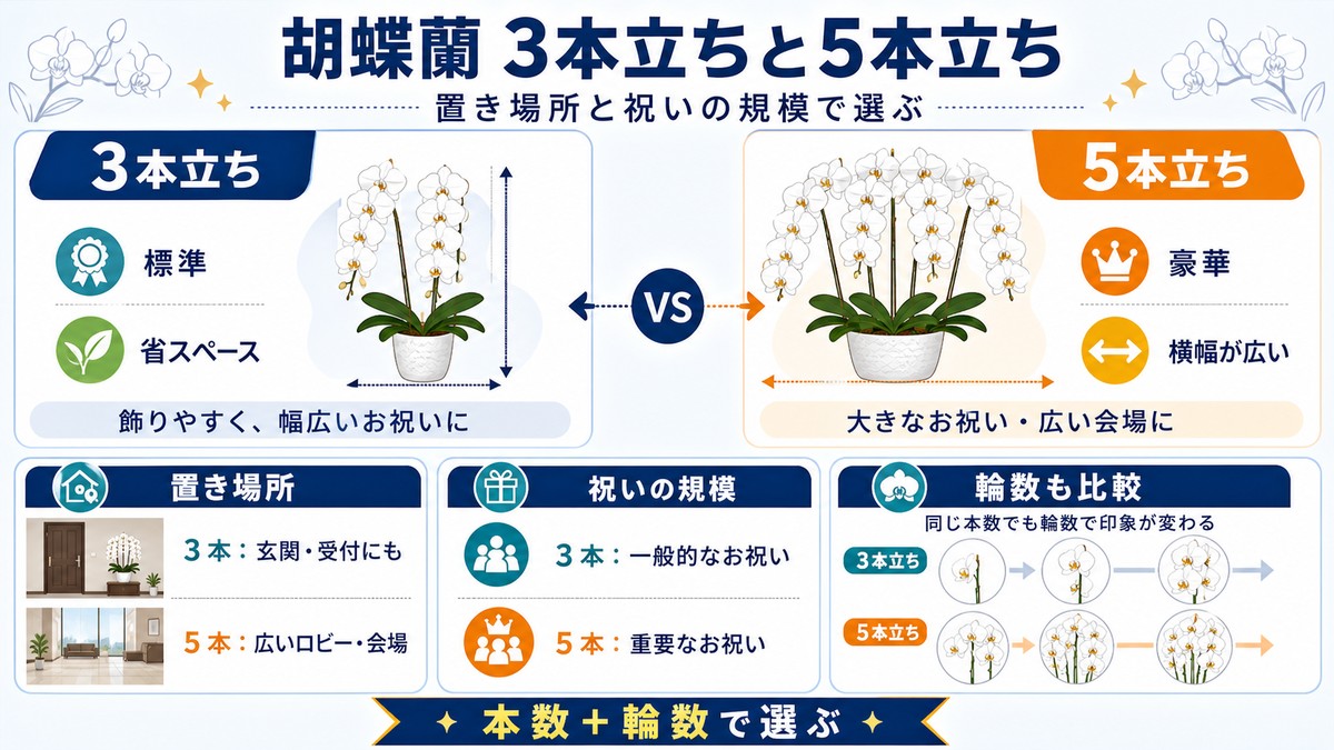 胡蝶蘭3本立ちと5本立ちの価格・横幅・用途の比較図