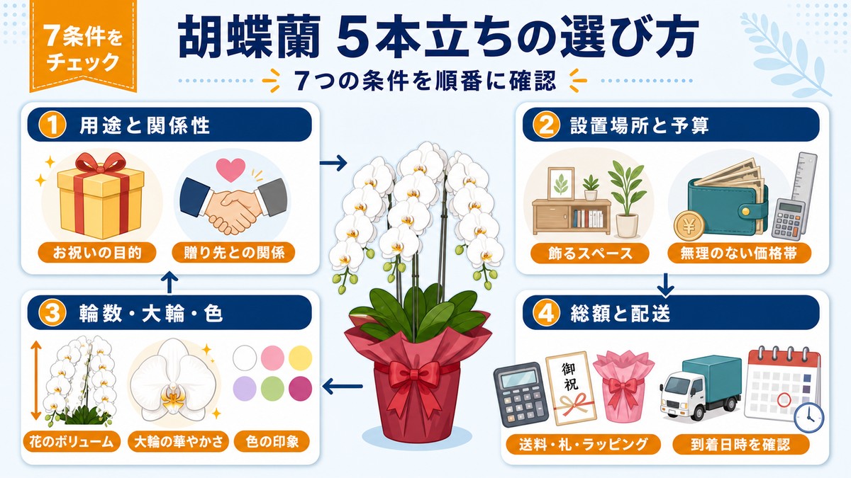 胡蝶蘭5本立ちを選ぶ順番を示した図