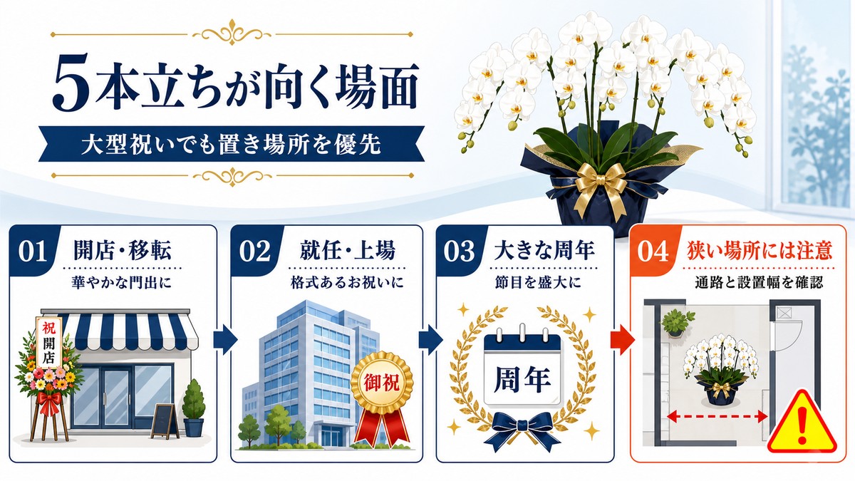 胡蝶蘭5本立ちが向く祝いと向かない設置環境の図