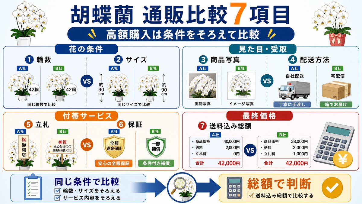 胡蝶蘭5本立ちを通販で比較するチェック項目の図