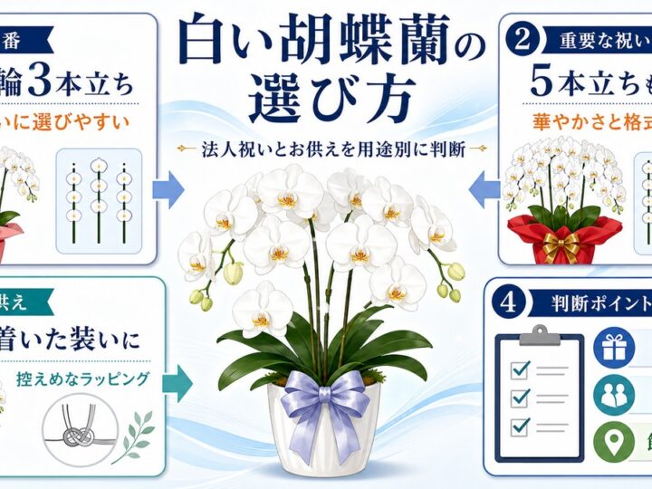 白い大輪胡蝶蘭3本立ちと5本立ちが上品に並ぶイメージ