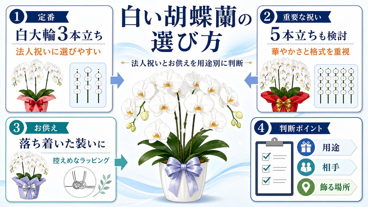 白い大輪胡蝶蘭3本立ちと5本立ちが上品に並ぶイメージ