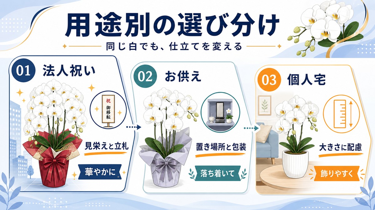 法人祝いとお供えに適した白い胡蝶蘭を比較する図解