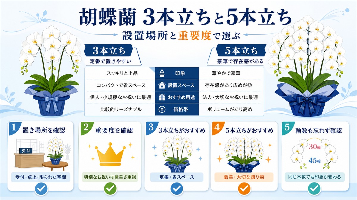 白い胡蝶蘭の3本立ちと5本立ちを比較する図解